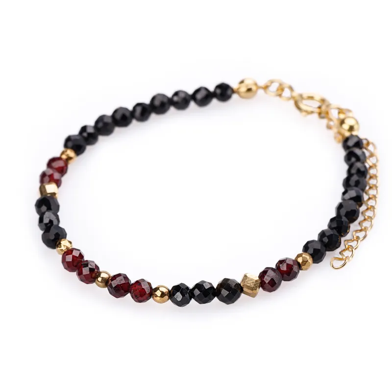 Turmalin, Granat, Hematyt - srebrna pozłacana bransoletka na ochronę, bogactwo, uzdrowienie - Wewnętrzna Ochrona