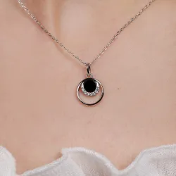Onyks, Cyrkonia - naszyjniki damskie srebrne próby 925, koło - Silver