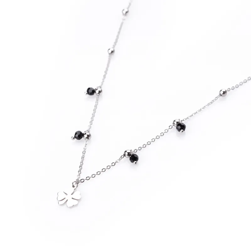 Onyks - srebrny naszyjnik próby 925, koniczyna - Silver