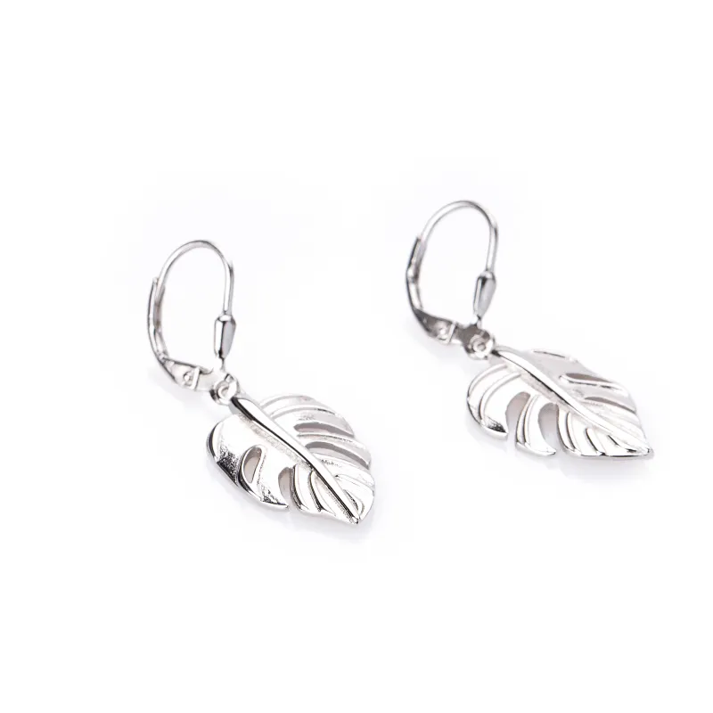 Srebrne kolczyki próby 925, liść monstera - Silver