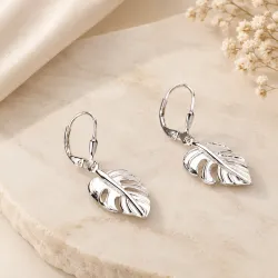 Srebrne kolczyki próby 925, liść monstera - Silver