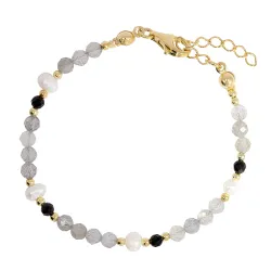 Perła, Turmalin, Labradoryt - srebrna pozłacana bransoletka na ochronę, bogactwo, uzdrowienie - Wewnętrzna Ochrona