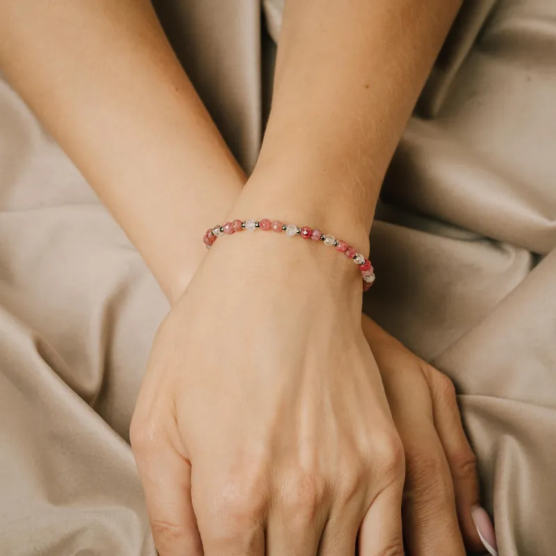 Rodonit, Kryształ górski - srebrna bransoletka na uzdrowienie, miłość, siłę - Pocałunek Miłości