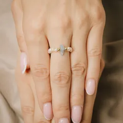 Perła, Akwamaryn - srebrny pozłacany pierścionek na zdrowie, odwagę, harmonię - Skarby Oceanu