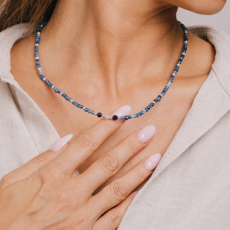 Kyanit, Sodalit, Chalcedon - srebrny pozłacany naszyjnik na zdrowie, duchowość, uzdrowienie - Oaza Szczęścia