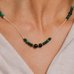 Turmalin, Malachit - naszyjnik na sznurku na ochronę, bogactwo, uzdrowienie - Wewnętrzna Ochrona