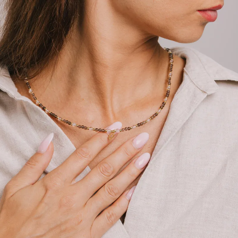 Kryształ Górski, Kwarc Dymny - srebrny pozłacany naszyjnik na harmonię, uzdrowienie, spokój - Wewnętrzna Ochrona