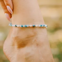 Apatyt, Akwamaryn - srebrna bransoletka na nogę na kreatywność, harmonię, uzdrowienie - Refleksja Zdrowia