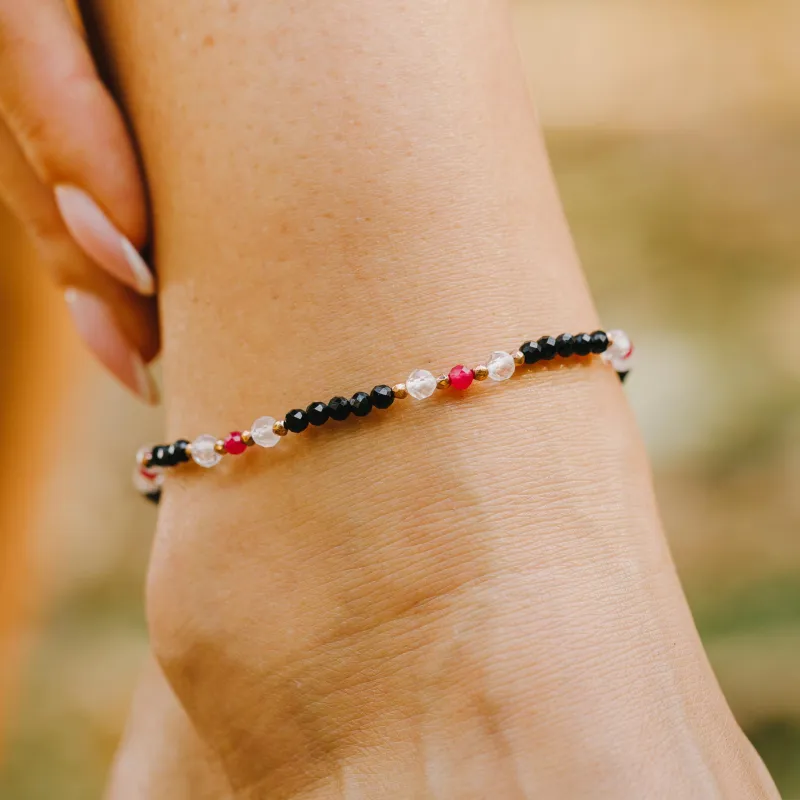 Turmalin, Rubin, Kryształ Górski - bransoletka na nogę na ochronę, bogactwo, uzdrowienie - Wewnętrzna Ochrona