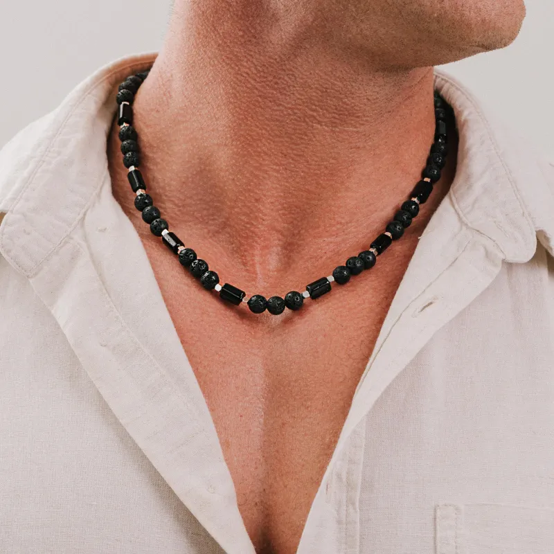 Czarny Turmalin, Lawa Wulkaniczna, Hematyt - naszyjnik męski na sznurku na ochronę, bogactwo, uzdrowienie - Jego styl