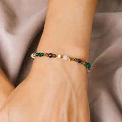 Kwarc Dymny, Malachit, Jadeit - srebrna pozłacana bransoletka na siłę, uzdrowienie, kreatywność - Ezoteryczna Elegancja