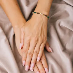 Kwarc Dymny, Malachit, Jadeit - srebrna pozłacana bransoletka na siłę, uzdrowienie, kreatywność - Ezoteryczna Elegancja