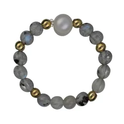 Perła, Labradoryt - srebrny pozłacany pierścionek na odwagę, duchowość, kreatywność - Skarby Oceanu