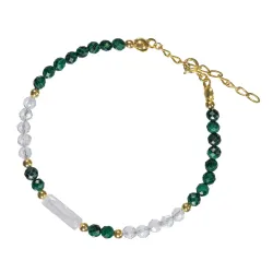 Malachit, Kryształ Górski - srebrna pozłacana bransoletka na zdrowie, uzdrowienie, intuicję - Światło Spokoju