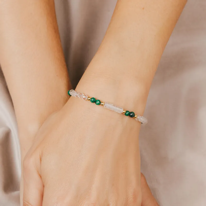 Malachit, Kryształ Górski - srebrna pozłacana bransoletka na zdrowie, uzdrowienie, intuicję - Światło Spokoju