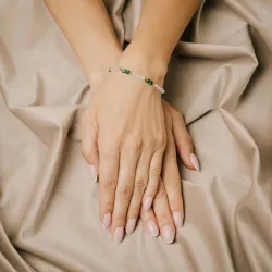 Malachit, Kryształ Górski - srebrna pozłacana bransoletka na zdrowie, uzdrowienie, intuicję - Światło Spokoju