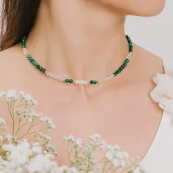 Malachit, Kryształ Górski - srebrny pozłacany naszyjnik na zdrowie, uzdrowienie, intuicję - Światło Spokoju