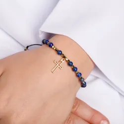 Bransoletka srebrna pozłacana na sznurku – Lapis Lazuli i Hematyt | Pierwsza Komunia Święta