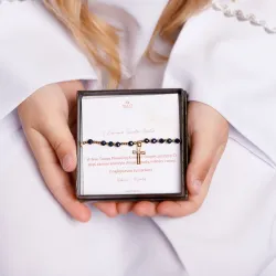 Bransoletka srebrna pozłacana na sznurku – Noc Kairu i Hematyt | Pierwsza Komunia Święta