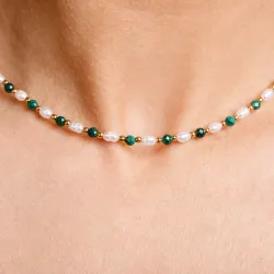 Perła, Malachit - srebrny pozłacany naszyjnik na zdrowie, uzdrowienie, intuicję - Skarby Oceanu