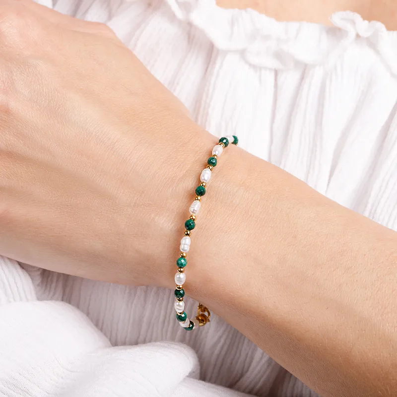 Perła, Malachit - srebrna pozłacana bransoletka na zdrowie, uzdrowienie, intuicję - Skarby Oceanu