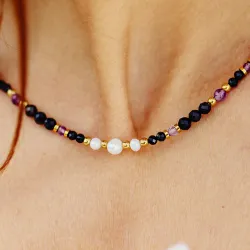 Ametyst, Turmalin, Perła - srebrny pozłacany naszyjnik na koncentrację, miłość, sukces - Wewnętrzna Ochrona