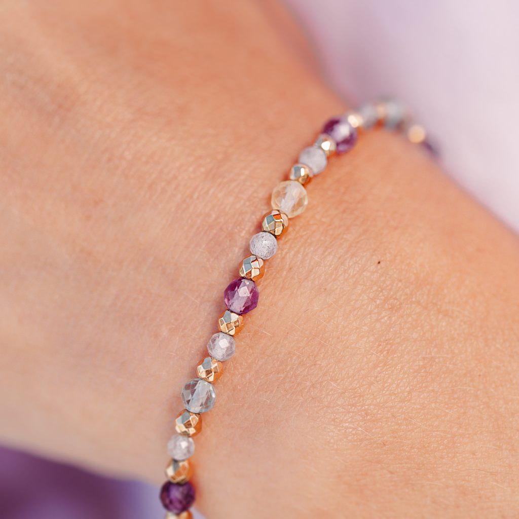 Ametyst, Labradoryt, Fluoryt - srebrna pozłacana bransoletka na koncentrację, miłość, sukces - Energia Sukcesu