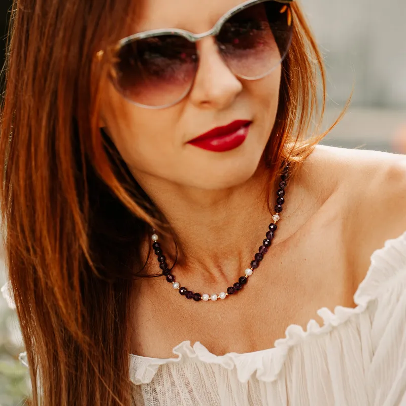 Ametyst, Perła - srebrny pozłacany naszyjnik na koncentrację, miłość, sukces - Skarby Oceanu