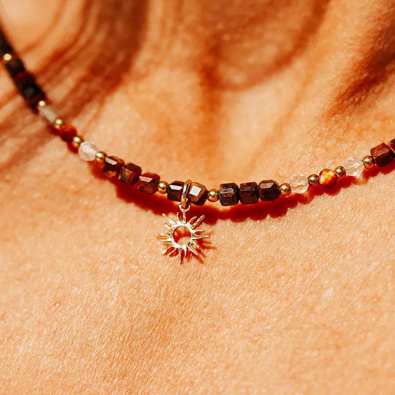 Cytryn, Tygrysie Oko, Hematyt - srebrny pozłacany naszyjnik na sukces, szczęście, bogactwo - Symfonia Bogactwa