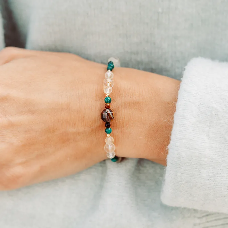 Cytryn, Tygrysie oko, Malachit - srebrna pozłacana bransoletka na sukces, szczęście, bogactwo - Symfonia Bogactwa