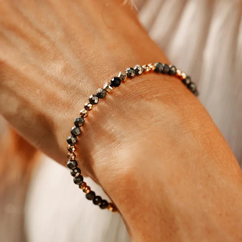 Piryt, Turmalin, Hematyt - srebrna pozłacana bransoletka na ochronę, bogactwo, uzdrowienie - Symfonia Bogactwa