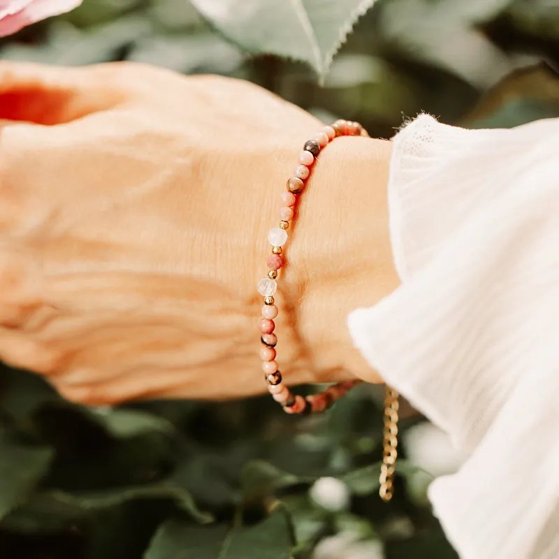 Rodonit, Kwarc Różowy, Turmalin - srebrna pozłacana bransoletka na uzdrawianie, miłość, siłę - Pocałunek Miłości