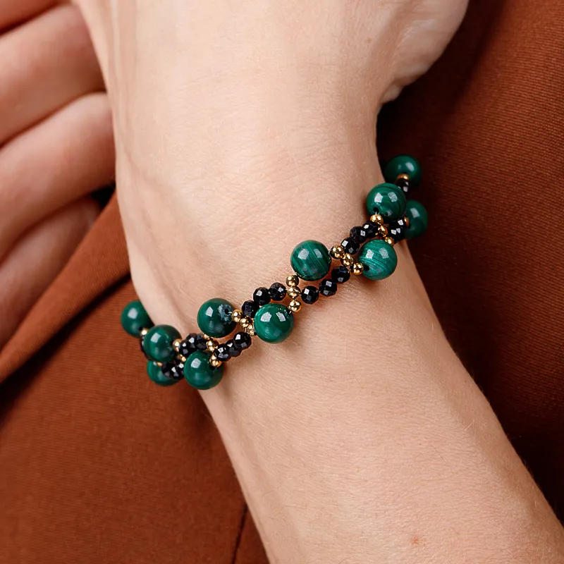 Turmalin, Malachit, Hematyt - srebrna pozłacana bransoletka na ochronę, bogactwo, uzdrowienie