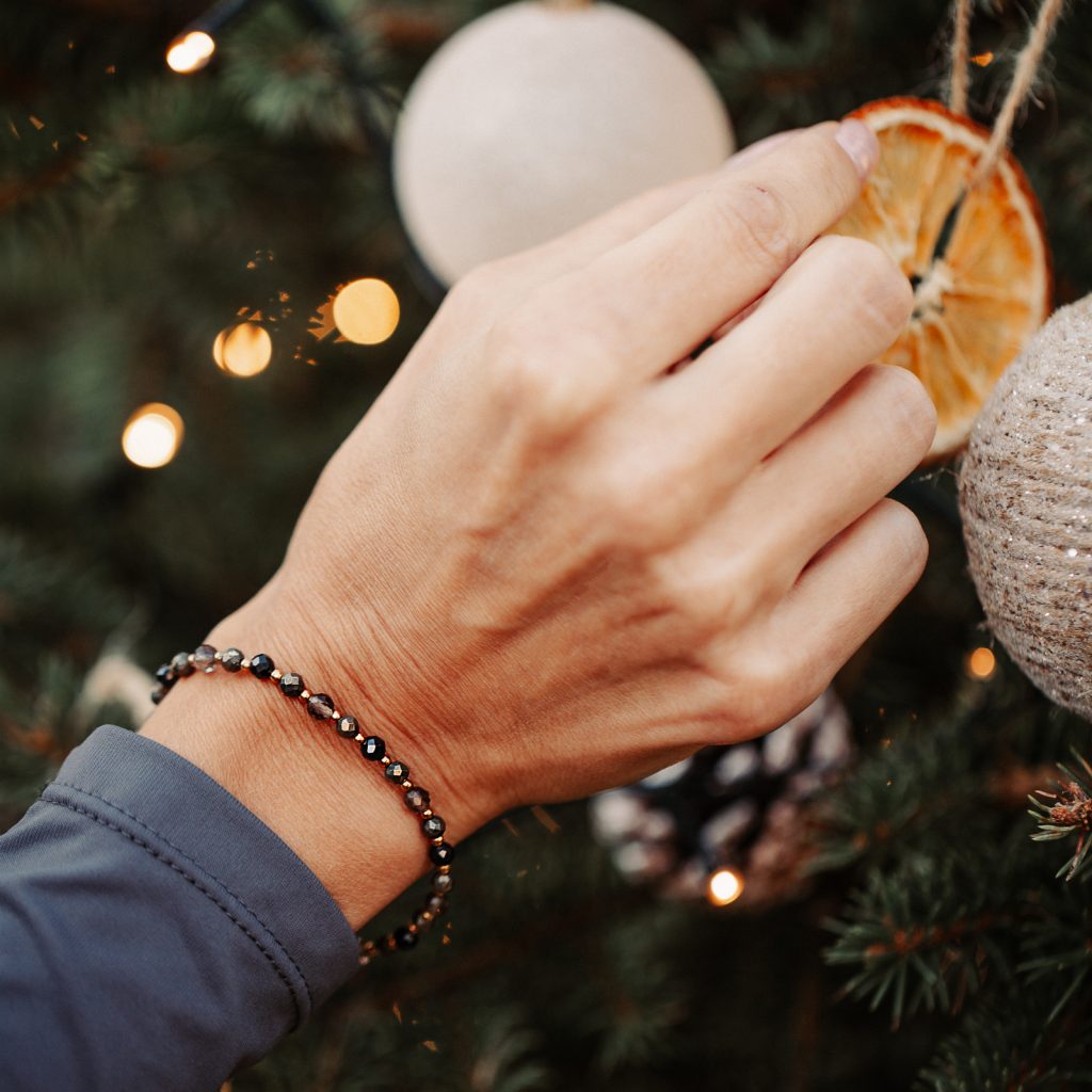 Onyks, Kwarc Dymny, Hematyt - srebrna pozłacana bransoletka na ochronę, harmonię, intuicję - Wewnętrzna Ochrona