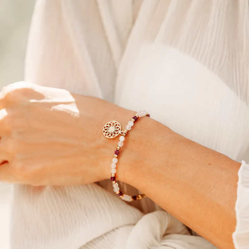 Rubin, Kwarc Różowy, Hematyt - srebrna pozłacana bransoletka na miłość, sukces, siłę - Pocałunek Miłości