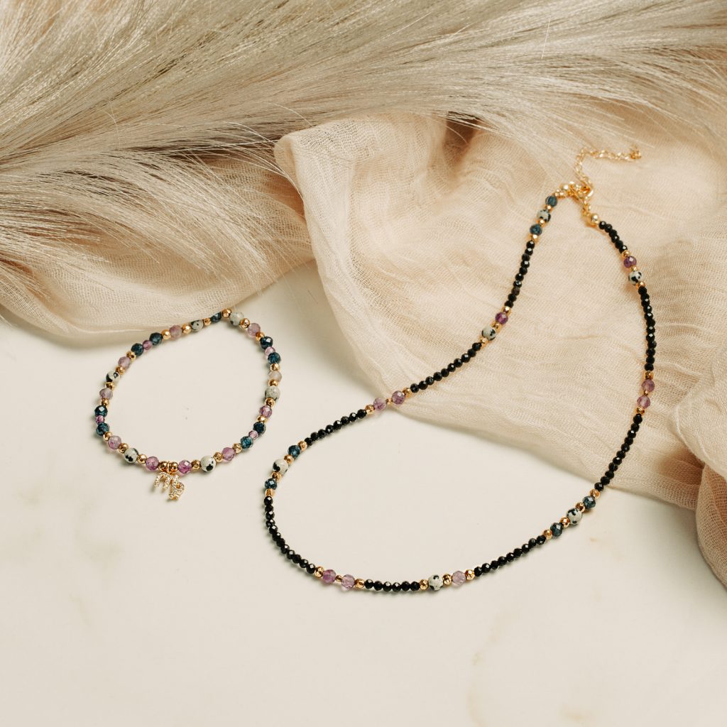 Ametyst, Jaspis, Szafir - srebro pozłacane naszyjnik na koncentrację, miłość, sukces - Panna