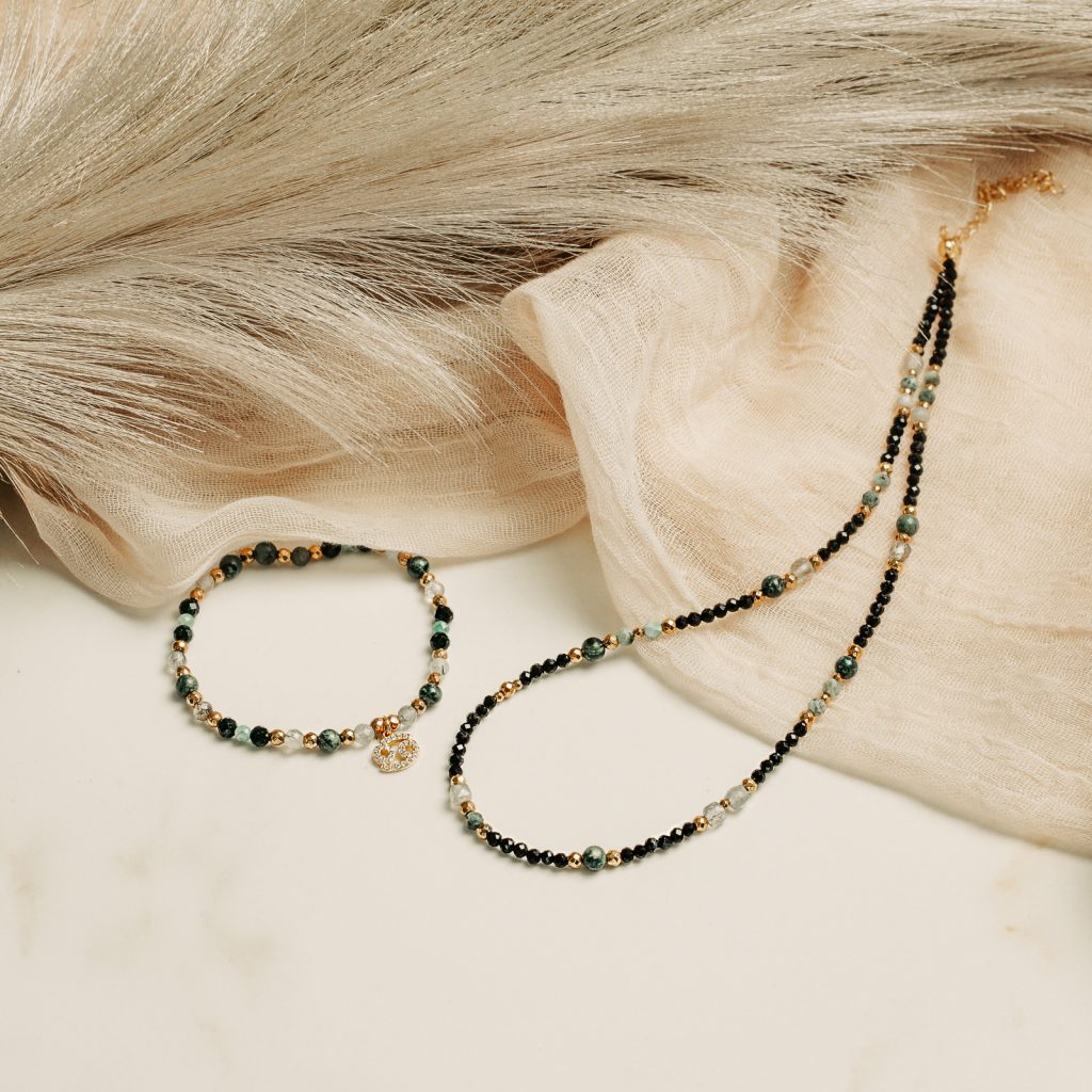 Szmaragd, Kamień Księżycowy, Jaspis - srebrna bransoletka na miłość, spokój, ochronę - Rak- horoskop