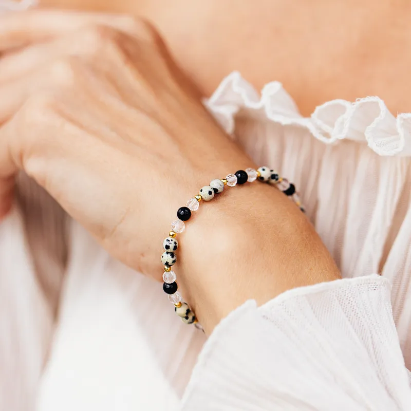 Jaspis, Onyks, Kryształ górski - srebrna pozłacana bransoletka na zdrowie, odwagę, spokój - Refleksja Zdrowia