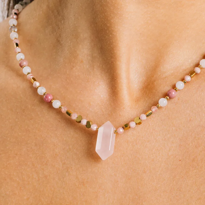 Kwarc Różowy, Rodochrozyt, Kamień Księżycowy - srebrny pozłacany naszyjnik na miłość, harmonię - Ezoteryczna Elegancja ryb