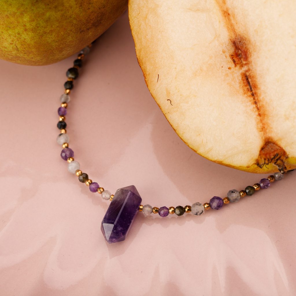 Ametyst, Labradoryt, Obsydian - srebrny pozłacany naszyjnik na koncentrację, miłość, sukces - Ezoteryczna Elegancja
