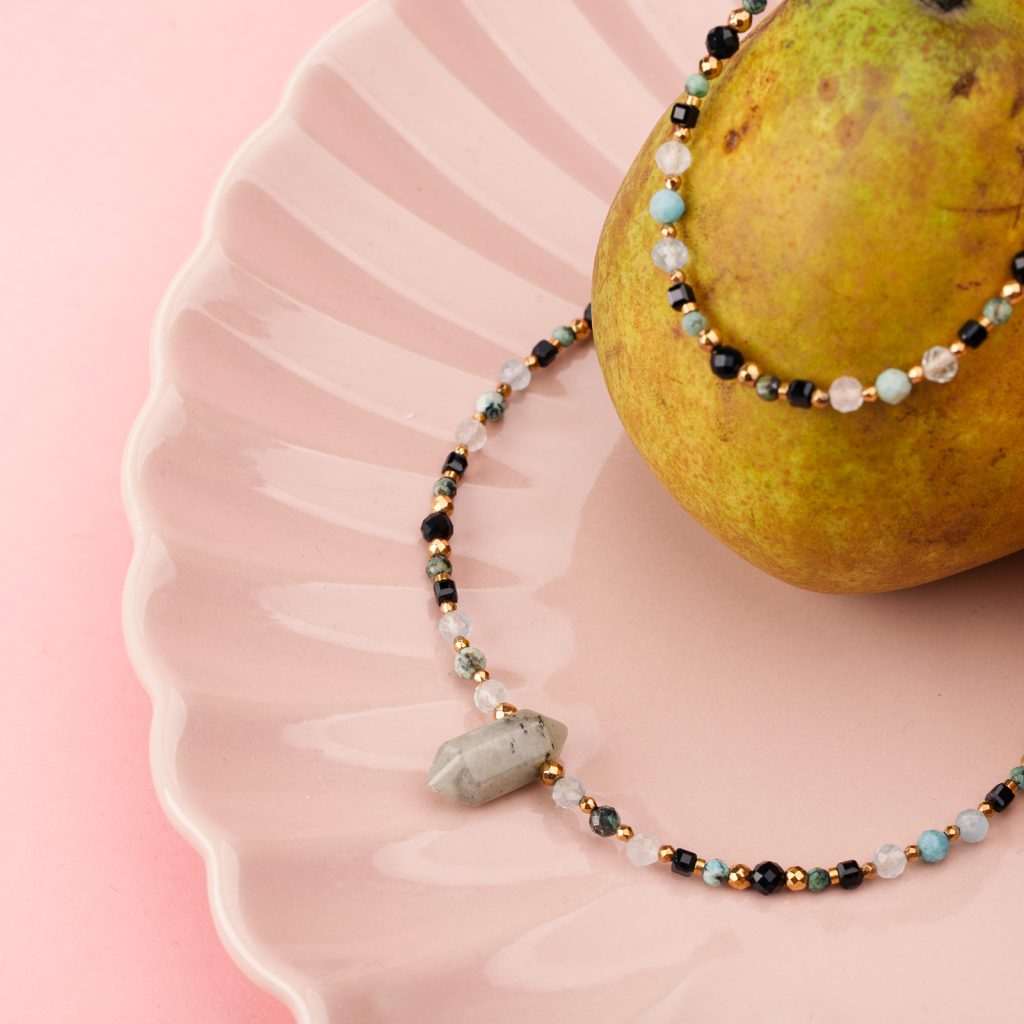 Spektrolit, Turmalin, Akwamaryn - srebrny pozłacany komplet biżuterii na szczęście, ochronę, koncentrację - Ezoteryczna Elegancja