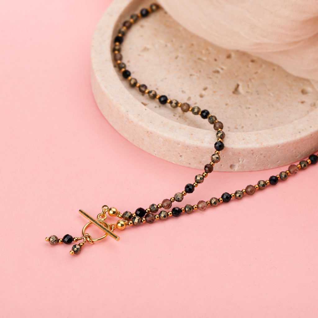 Piryt, Spinel, Kwarc Dymny - srebrny pozłacany naszyjnik na bogactwo, siłę, kreatywność - Symfonia Bogactwa minimalizm w bizuterii