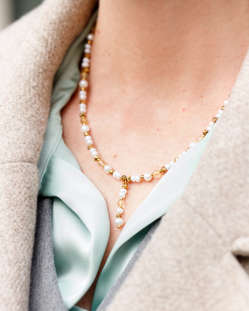 Perła, Cytryn, Hematyt - srebro pozłacane naszyjnik na harmonię, uzdrawianie, spokój - Perłowy Sen