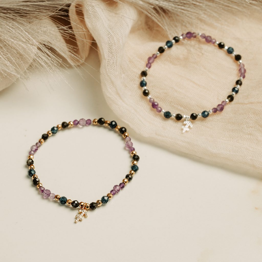 Ametyst, Obsydian, Szafir - srebrna bransoletka na koncentrację, miłość, sukces - Strzelec