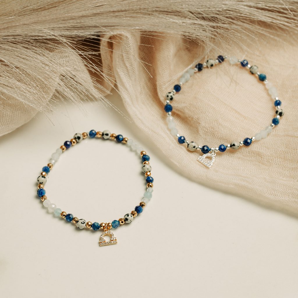 Akwamaryn, Kyanit, Jaspis - srebrna pozłacana bransoletka na zdrowie, odwagę, harmonię - Waga kwiecień 2026