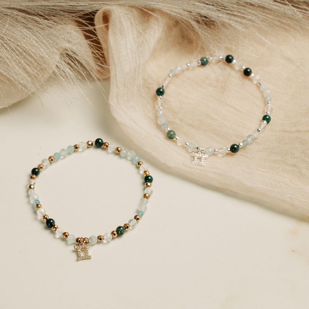 Akwamaryn, Kryształ Górski, Agat - srebrna pozłacana bransoletka na zdrowie, odwagę, harmonię - Bliźnięta