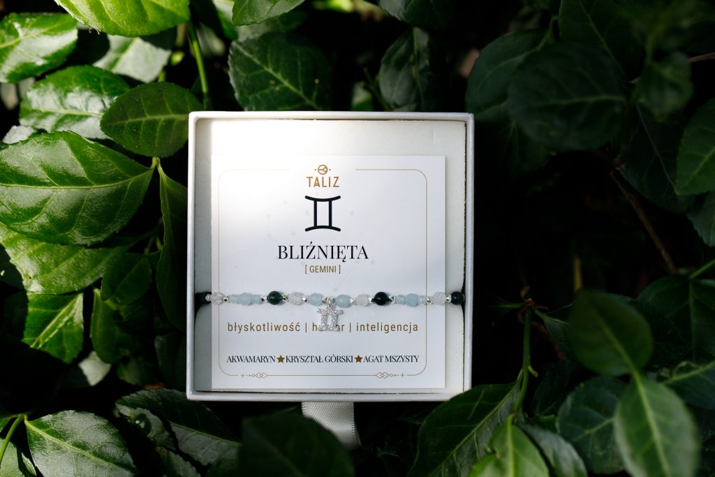 Akwamaryn, Kryształ Górski, Agat - srebrna bransoletka na zdrowie, odwagę, harmonię - Bliźnięta