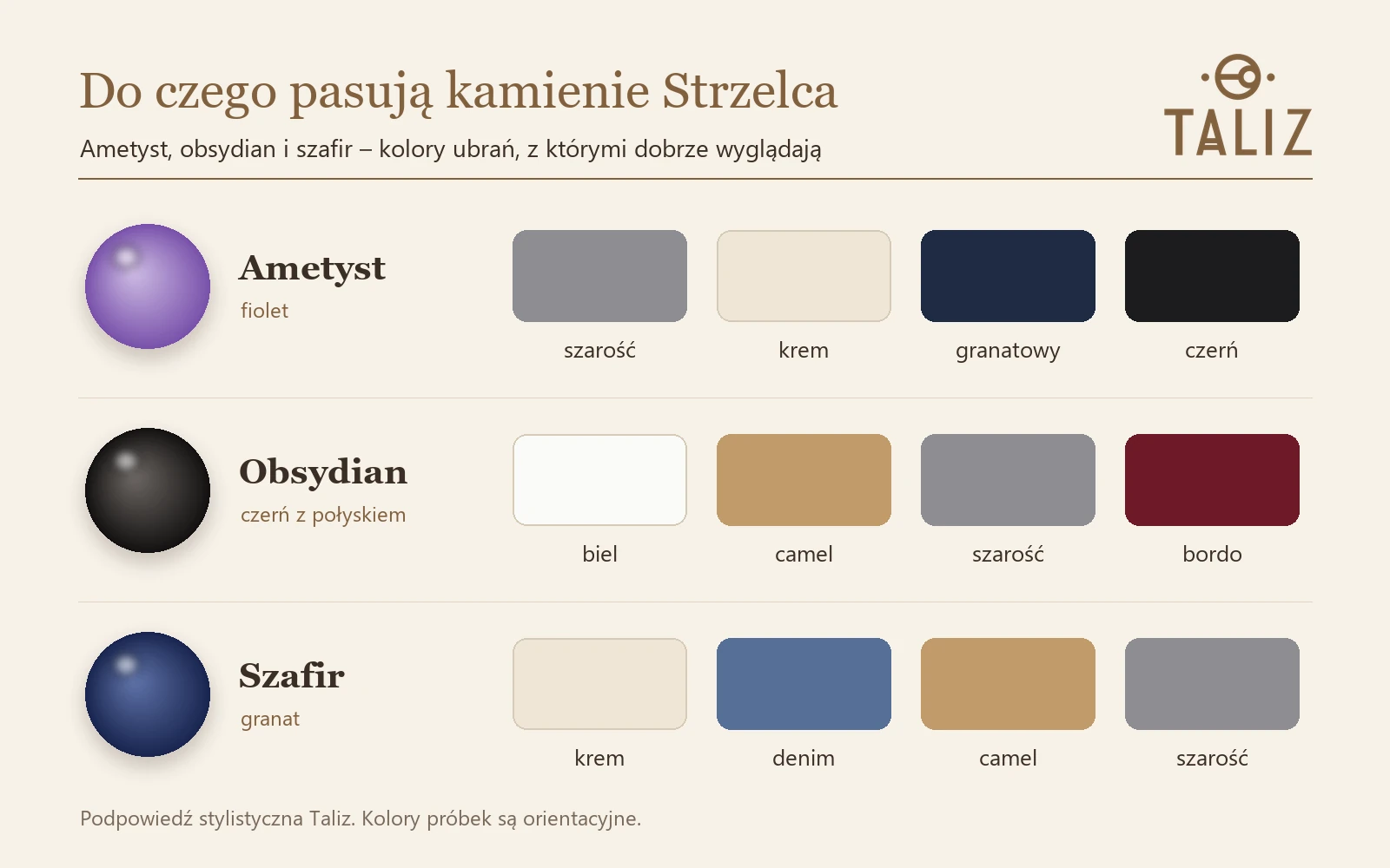 Kamienie Strzelca a kolory ubrań: ametyst, obsydian i szafir obok pasujących próbek kolorów