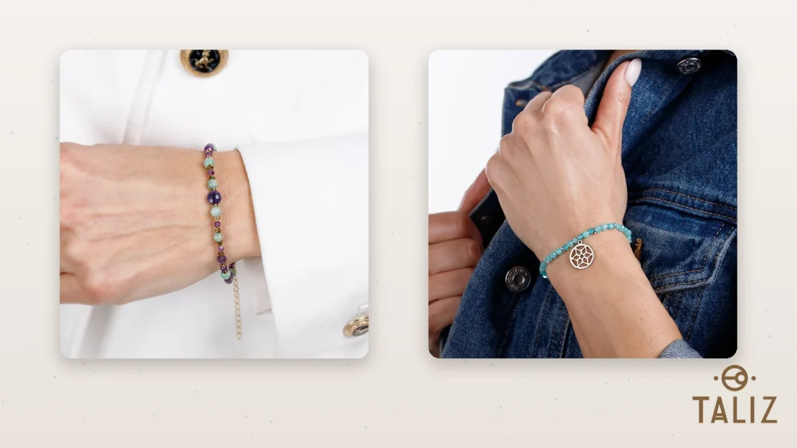Pozłacana bransoletka z niebieskozielonym amazonitem i ametystem oraz bransoletka ze stali z amazonitem przy dżinsie