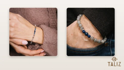 Bransoletka na gumce z kamieniami: labradoryt, lapis lazuli i hematyt oraz bransoletka męska na gumce z kamieniami: labradoryt, lapis lazuli i hematyt